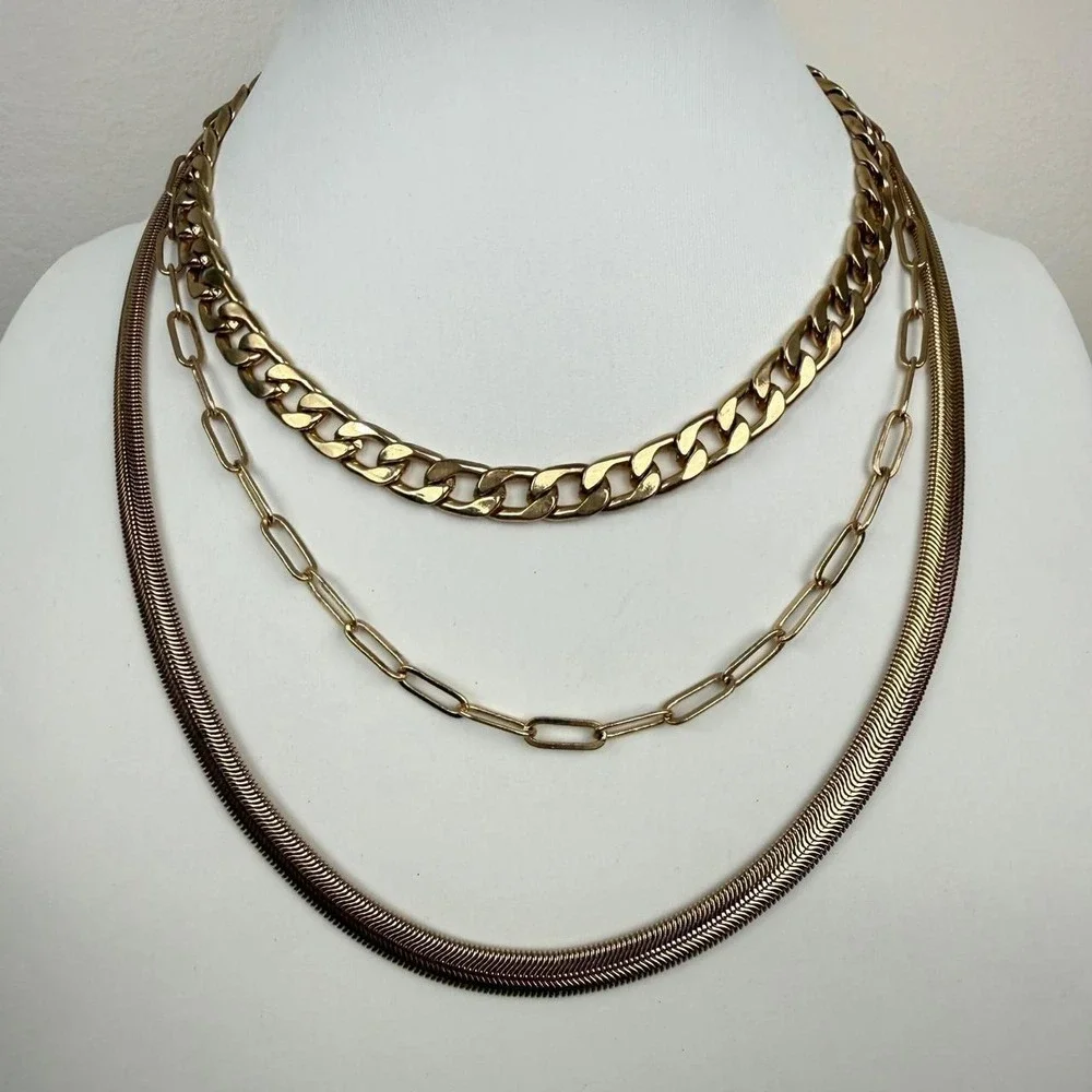 Gold Tone Necklace Triple Layered Curb Paperclip Herringbone Chain Stacked